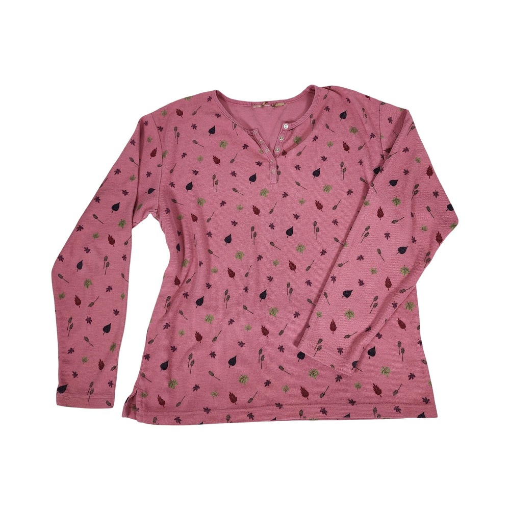Pink Waffle Knit Henley Small Thermal Top Leaf Leaves Print Long Sleeve Autumn